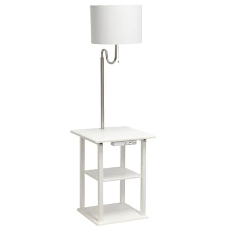 Simple Designs 57in 2 Tier End Table Floor Lamp Combo, 2 x USB Charging Ports & Power Outlet, White Shade, White LF2016-WHT